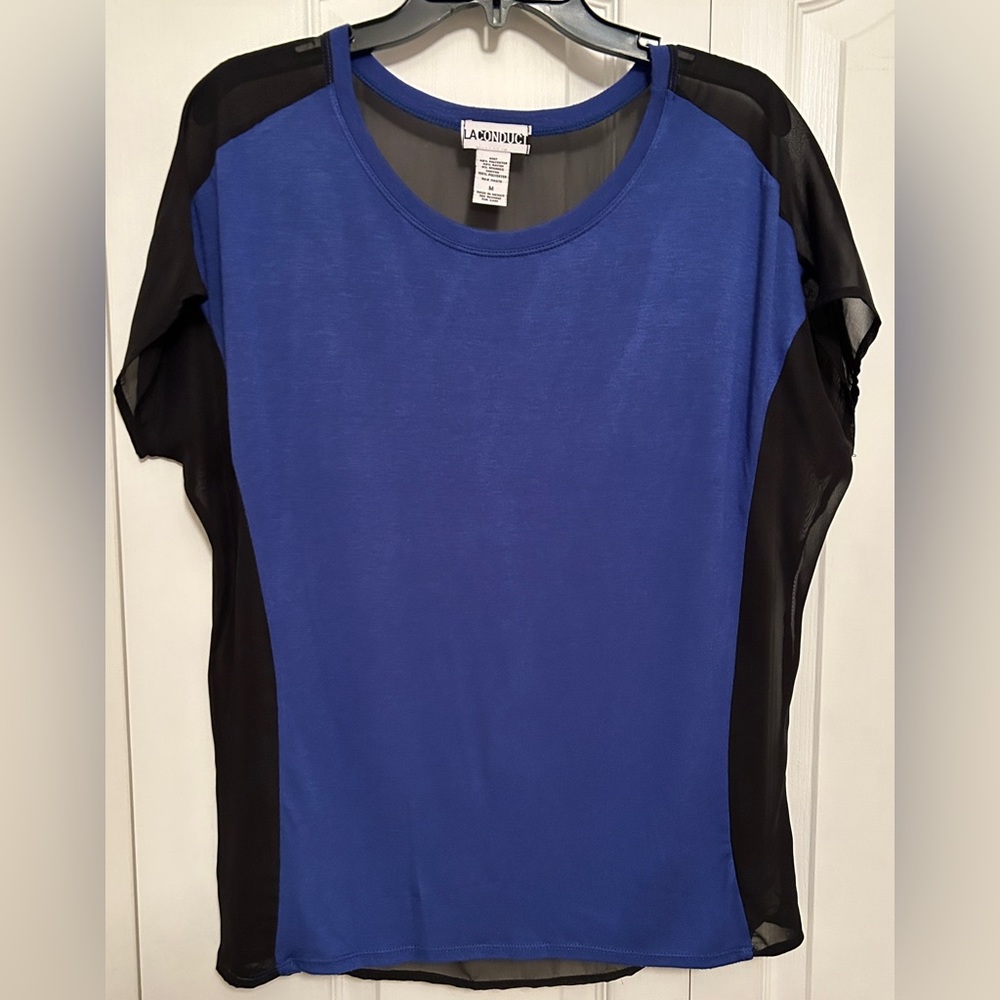 Laconduct: Blue/black top with sheer sleeves and back, size M